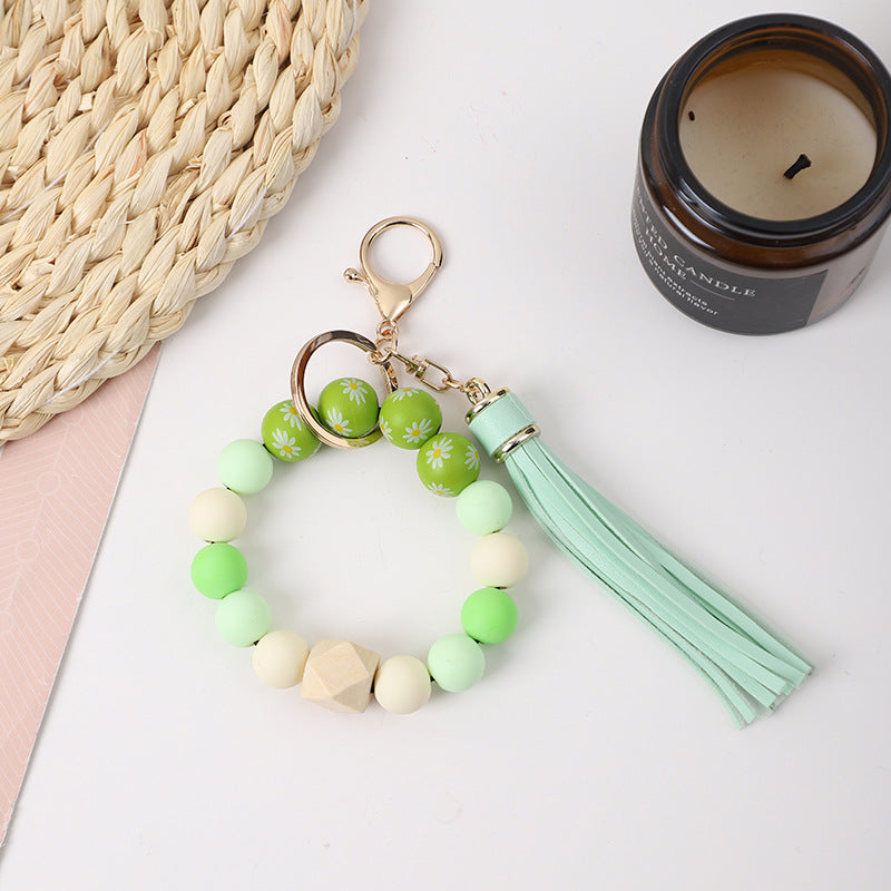 Wholesale Tassel Silicone Wooden Bead Bracelet Keychain